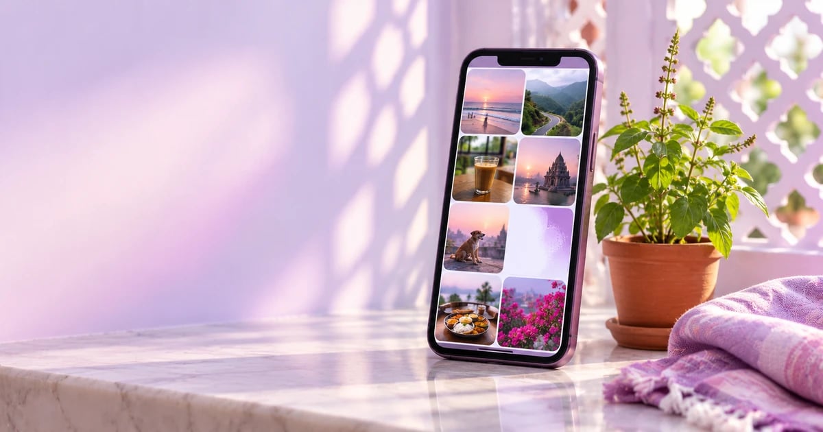 A phone standing on a white marble shelf in soft lavender light, its screen a grid of photo tiles of a beach, hills, chai, a temple, a dog, food and pink flowers, with one tile fading away, beside a tulsi plant and a jaali screen
