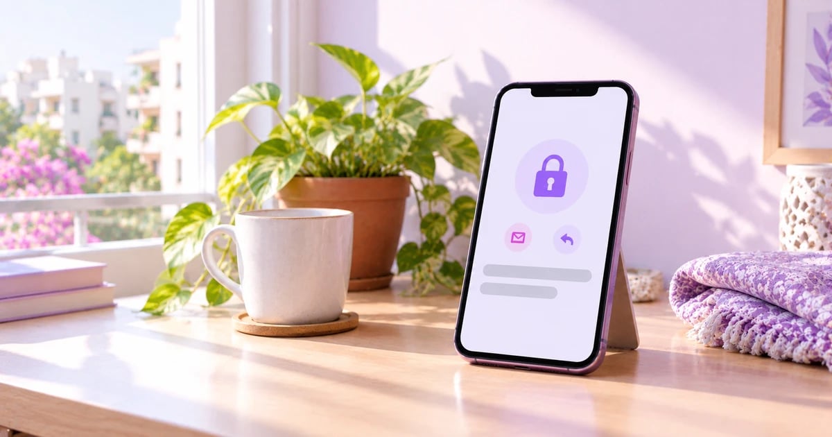 A phone standing on a light wooden desk beside a white mug and a potted plant, its screen showing a purple padlock icon above two small buttons, with a lavender knitted throw and a bright window behind