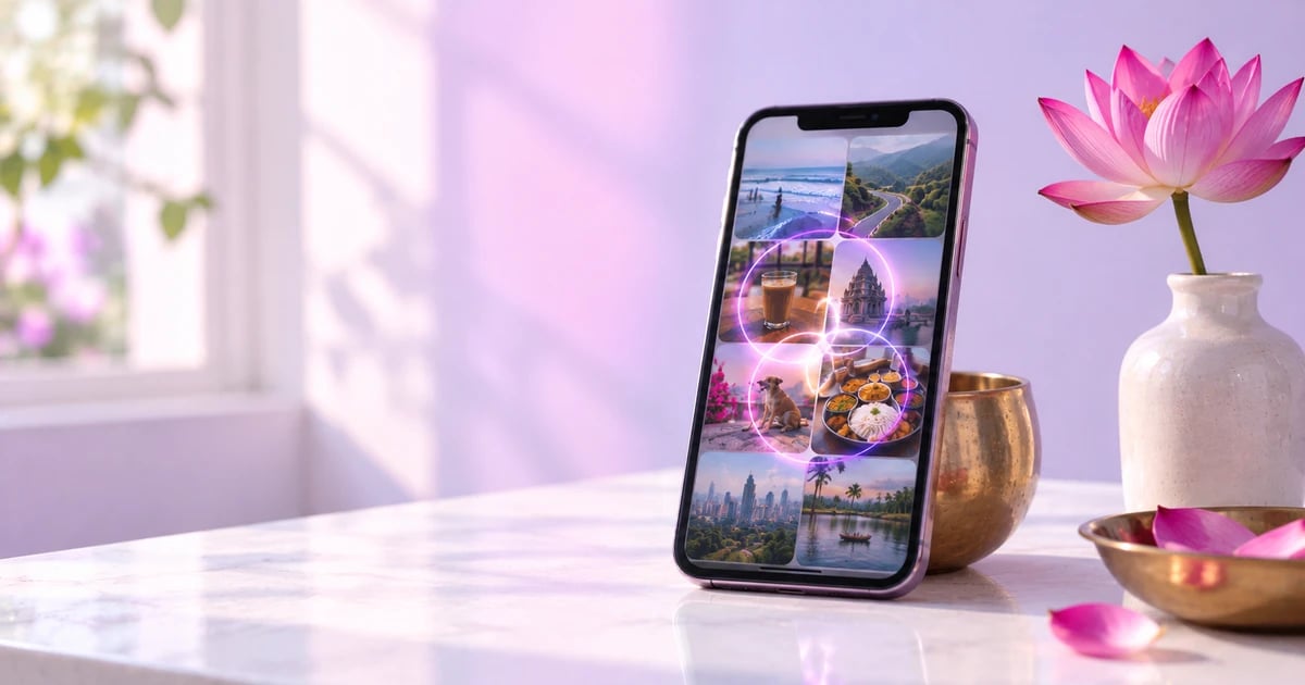 A phone propped against a brass bowl on a white table in soft lavender light, its screen a grid of travel and food photos with three glowing purple and pink rings that overlap at one bright point, beside a pink lotus in a white vase