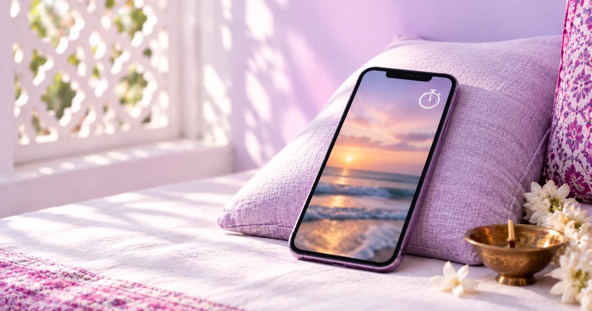 A phone resting on a lavender cushion by a white jaali window, its screen showing a sea at golden hour with a small stopwatch icon, beside a small brass diya and white jasmine flowers in soft daylight