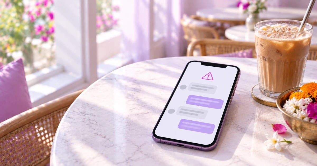 A phone lying on a white marble cafe table beside a glass of cold coffee and a brass bowl of marigolds and jasmine, its screen a chat of grey message bubbles under a small magenta warning triangle