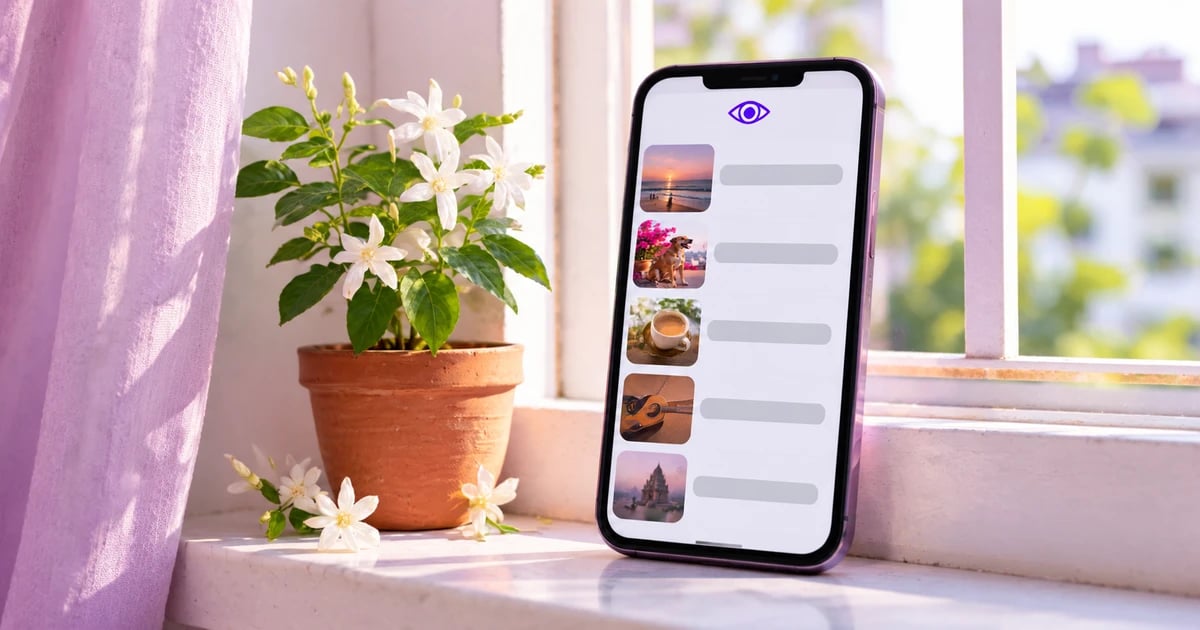 A phone standing on a sunny windowsill beside a potted jasmine plant and a lavender curtain, its screen a list of rows with small photo tiles of places and food under a small eye icon