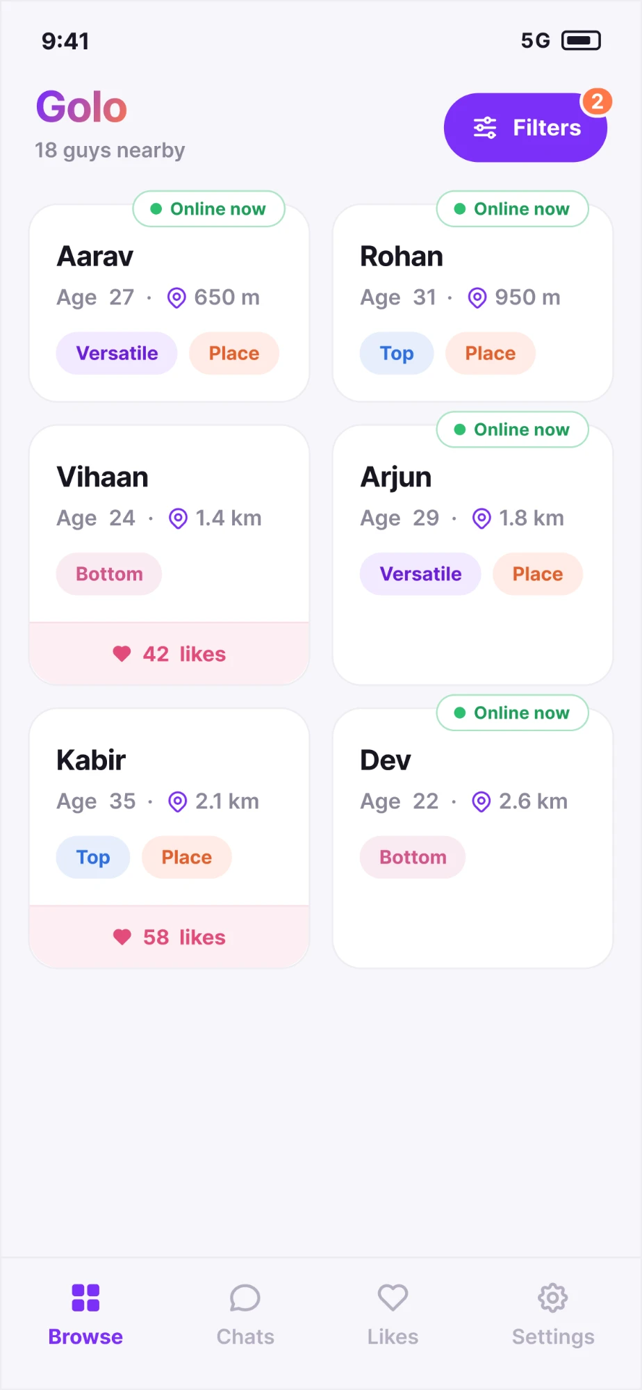 Golo’s Browse screen: a grid of nearby profiles with name, age, distance and position, some marked online now, and no photos