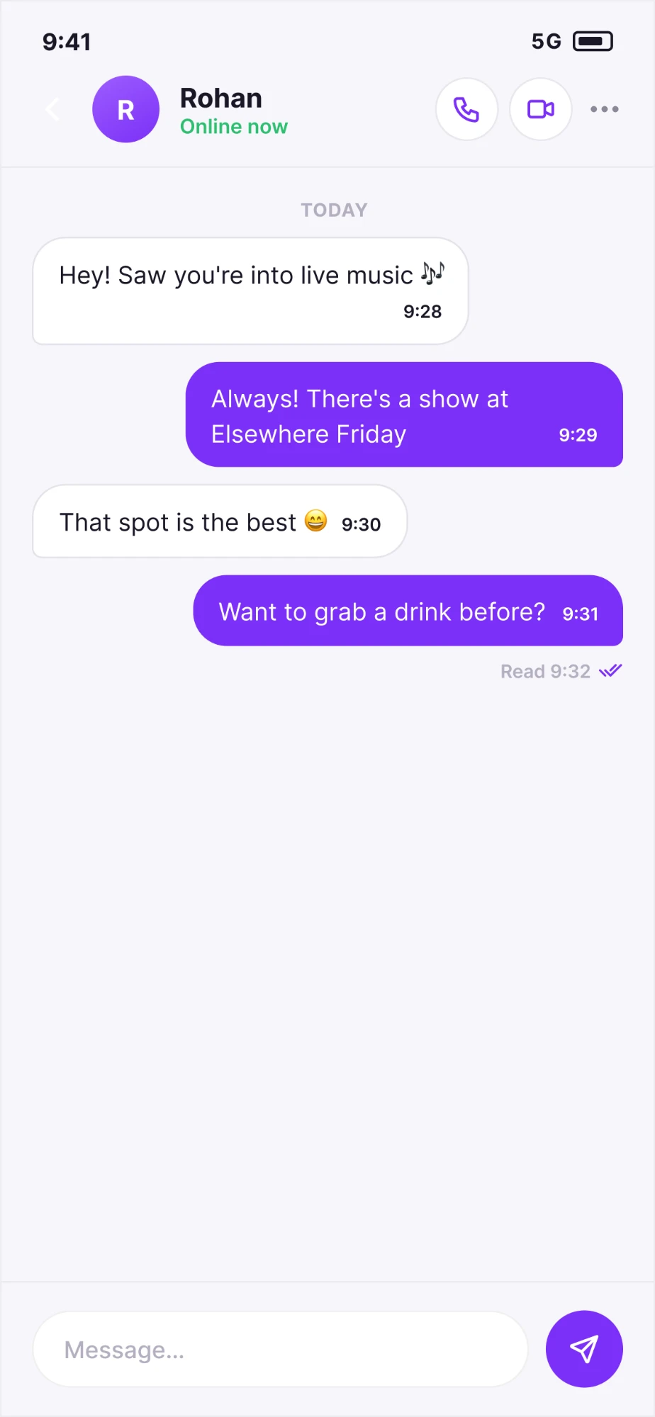 A Golo chat between two men, with voice and video call buttons at the top and a message box at the bottom