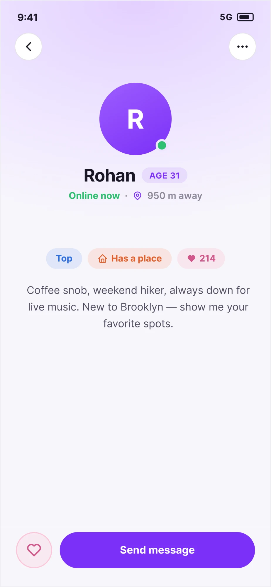 A Golo profile: a letter in a circle instead of a photo, with age, online status, distance, position, a place to meet, likes, a short bio and a Send message button
