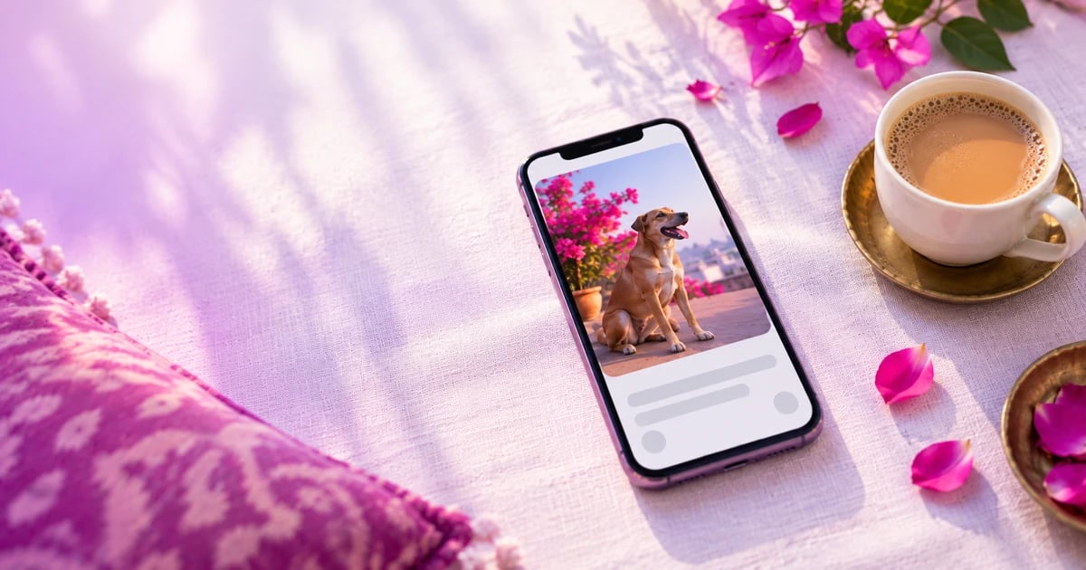 A phone on a lavender-white tablecloth showing a dating profile whose photo is a brown dog on a sunny rooftop instead of a face, beside a cup of chai on a brass saucer and pink bougainvillea flowers